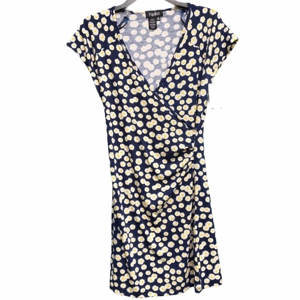 Papillon Floral Daisy Faux Wrap Dress Blue Flowers